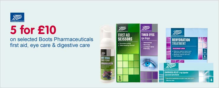 Five for ten pounds on selected boots pharmaceuticals first aid, eye care and digestive care